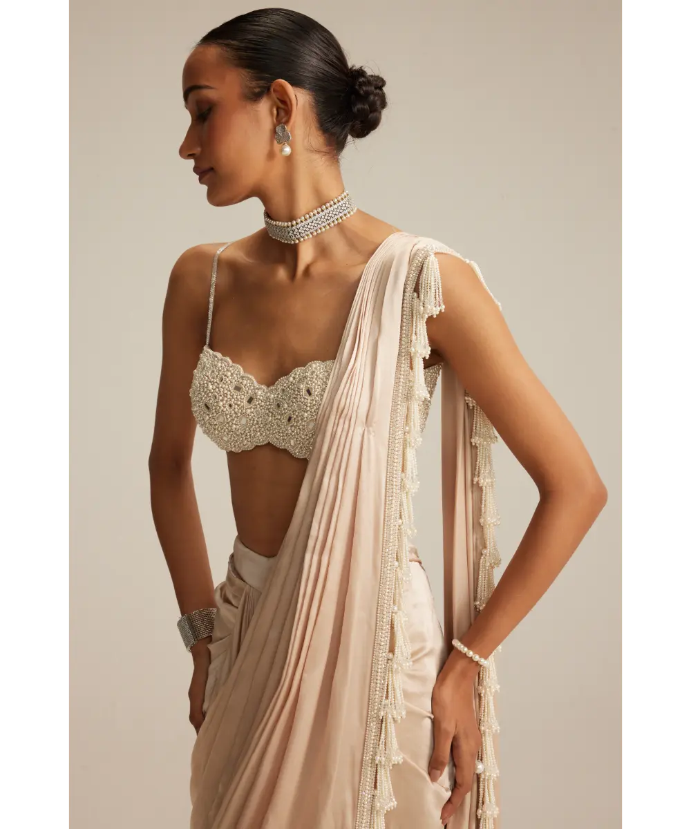 VVANI VATS- Light Beige mirror and pearl Satin Draped Saree set